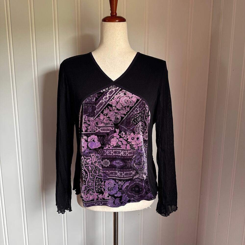 Vintage 90s/Y2k Whimsigoth Velvet Sheer Top L
